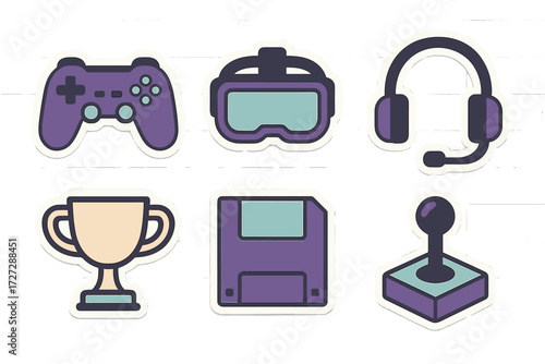 Design elements for gaming related items showcasing controllers, headsets, and trophies in a modern style