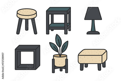 Decorative furniture set featuring stool, side table, lamp, and plant in modern design