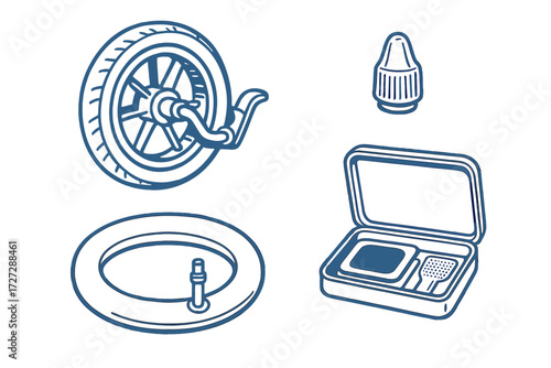 Various bicycle repair tools and parts displayed together on a clean background for easy reference