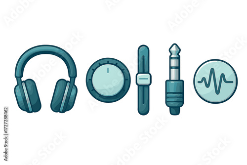 Music accessories including headphones, volume control, and audio connectors displayed clearly