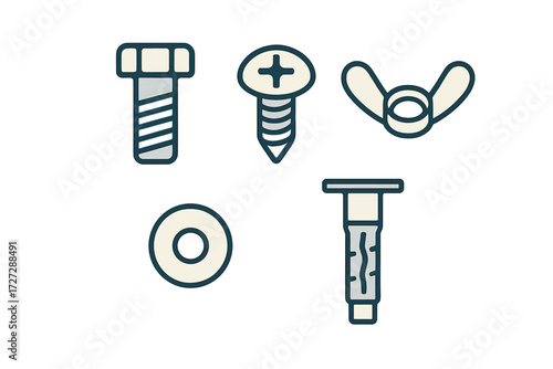 Collection of fasteners including bolts, screws, washers, and anchors on a plain background for hardware use and mechanics