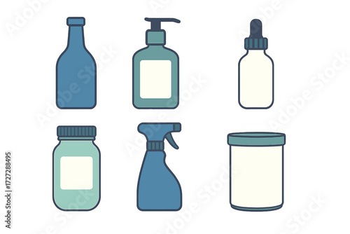 Collection of various skincare and cleaning product containers in minimalist design on white background