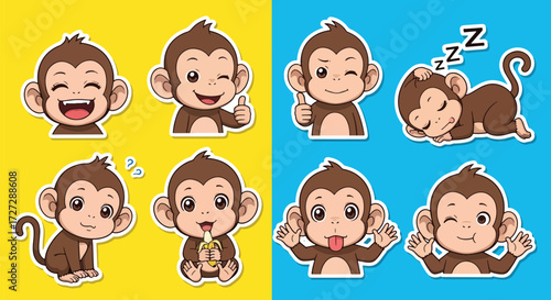 Adobe illustrator artwork vector illustration of a playful monkey character in various cute poses and expressions, ideal for stickers, children's products, and fun designs