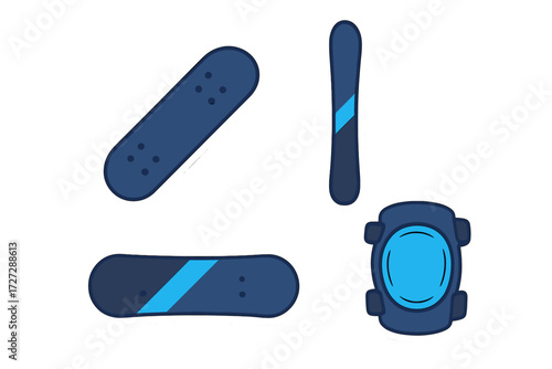 Various designs of blue and black snowboards and a snowboard binding on a white background