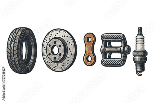 Detailed illustration of various car parts including tire, brake disc, chain link, pedal, and spark plug for automotive enthusiasts
