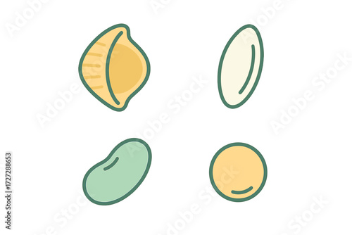 Colorful pasta shapes arranged on a white background showcasing different forms and textures