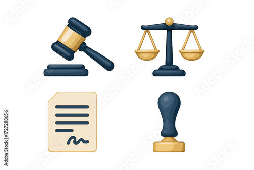 Symbols of justice and law including gavel, scales, legal document, and stamp commonly found in legal settings