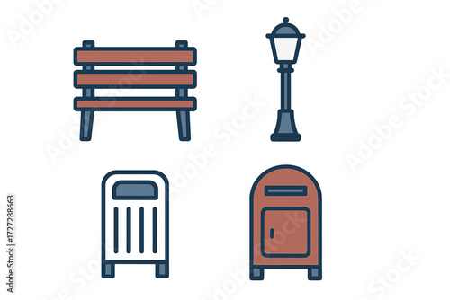 Urban park scene with seating, lighting, waste management, and mail collection options