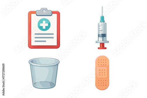 Medical supplies including chart, syringe, trash can, and bandage used in healthcare settings during patient treatment