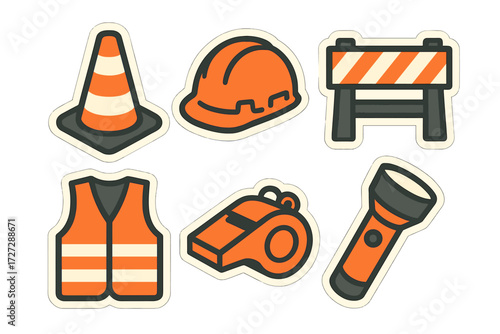 Safety gear and tools for construction work in bright orange colors on a white background