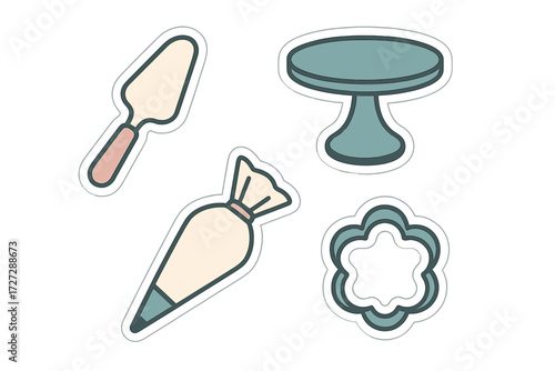 Baking tools including a spatula, icing bag, cake stand, and cookie cutter set on a clean background