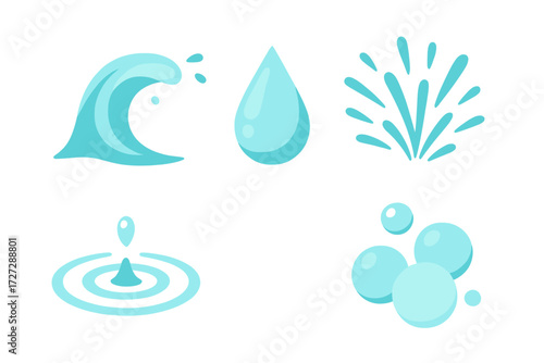 Different forms of water represented in stylish blue designs showcasing waves, droplets, splashes, ripples, and bubbles