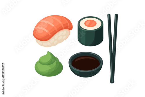 Delicious sushi platter featuring salmon nigiri, maki rolls, wasabi, soy sauce, and chopsticks ready for a meal
