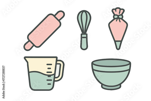 Kitchen tools and utensils for baking displayed in pastel colors for a creative cooking experience