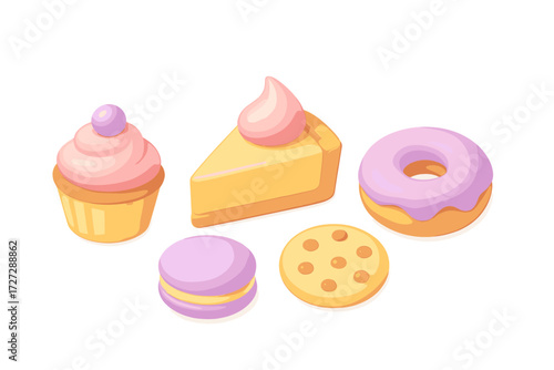 Colorful desserts featuring cupcakes, donuts, and cookies for a fun baking display