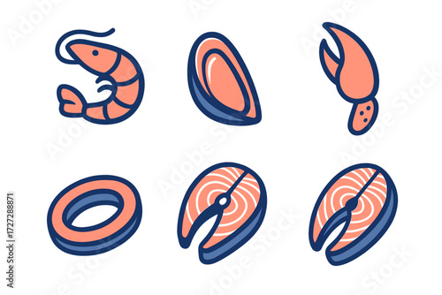 Seafood icons featuring shrimp, mussels, and salmon in a colorful and fun design for culinary themes