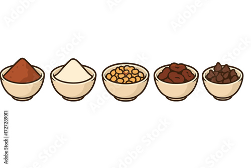 Various bowls hold a range of spices and ingredients displayed on a clean surface