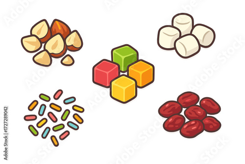 Colorful assortment of candies, nuts, and treats arranged on a white background for dessert decoration or crafting ideas