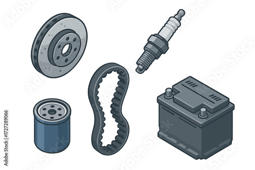 Car maintenance parts including brake disc, spark plug, oil filter, timing belt, and battery displayed in a clear layout