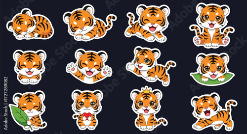 Adobe illustrator artwork vector illustration of a cute baby tiger character in various playful and adorable poses, perfect for children's books, jungle themes, and charming sticker designs