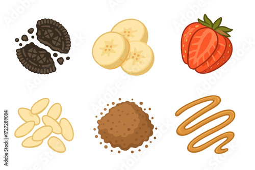 Colorful assortment of fresh fruits and dessert ingredients on a white background