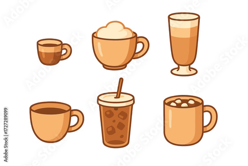 Different types of coffee drinks including espresso, latte, iced coffee, and cappuccino in various cups on a white background
