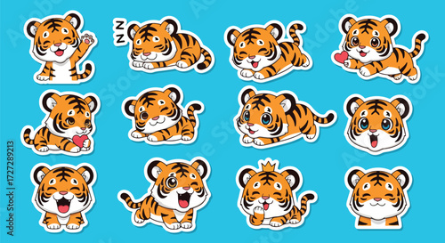 Adobe illustrator artwork vector illustration of a cute baby tiger character in various playful and adorable poses, perfect for children's books, jungle themes, and charming sticker designs