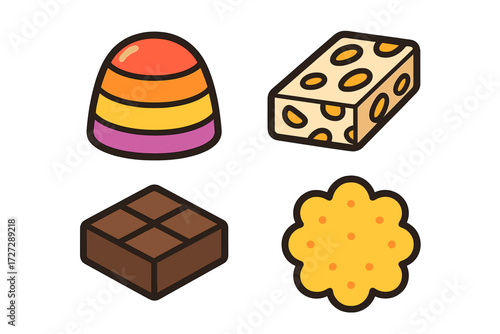 Colorful candy assortment showcasing jelly, nougat, chocolate, and biscuit on a simple white background