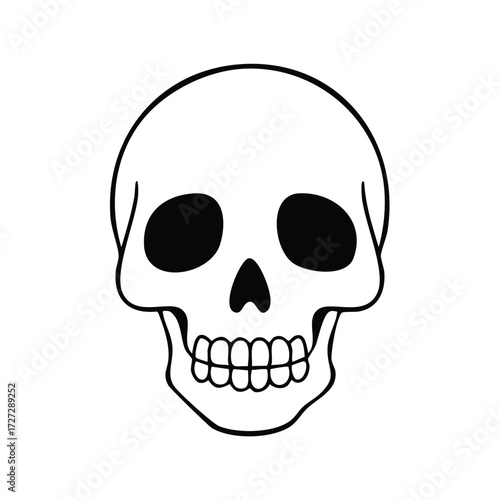 Simple Skull Outline: A minimalist black and white illustration of a human skull, representing the essence of mortality, perfect for design purposes and symbolic use.