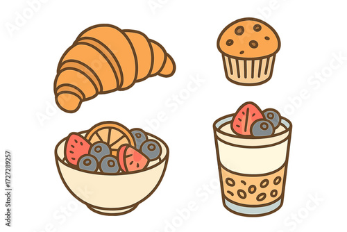 Colorful breakfast spread with croissant, muffin, fruit bowl, and yogurt parfait on a light background