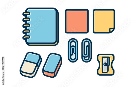 Colorful stationery assortment including notepad, sticky notes, and office supplies for study and work