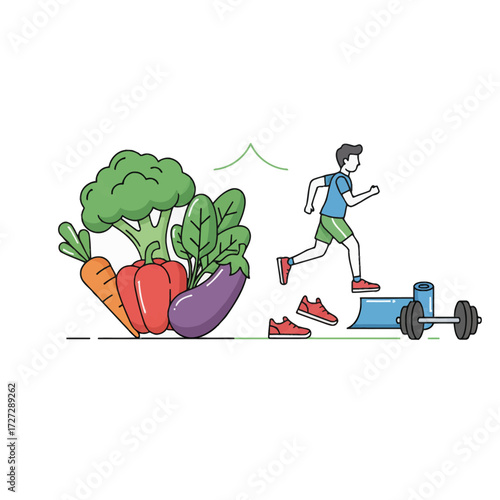 Fitness and nutrition vector art illustration of healthy food (greens, produce) combined with sports activity. Scalable, flat design, ideal for health blogs or apps.