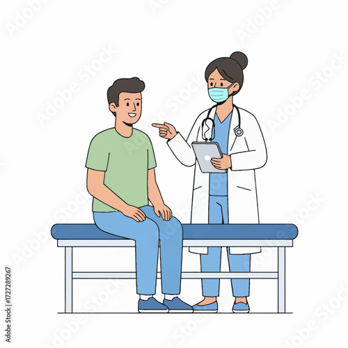 Healthcare consultation vector art masked doctor measures patient's pulse. Flat design, thick borders, suitable for medical blogs, apps, and health awareness campaigns.