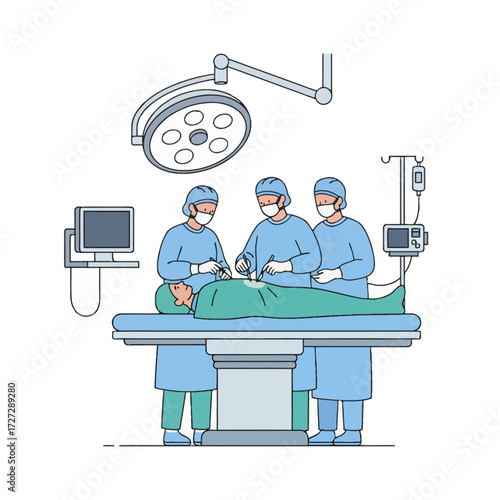 vector illustration of a surgeon performing an operation, with minimal flat style, clean thick lines, scalable, white background, no text or watermark.