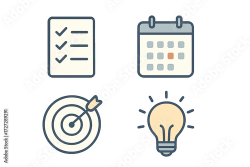 Planning and productivity tools for effective time management and goal setting using checklist, calendar, target, and light bulb icons
