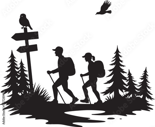 Two hikers with backpacks and poles walking past a signpost with an owl and a bird flying