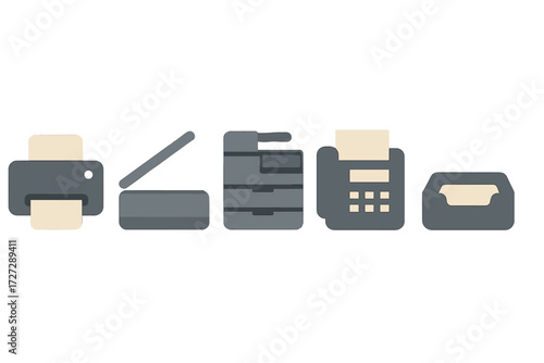 Office equipment icons showing printer, scanner, photocopier, fax machine, and document holder for workplace tasks