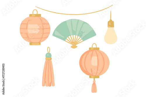 Colorful paper lanterns and decorative elements create a festive atmosphere for celebrations and gatherings