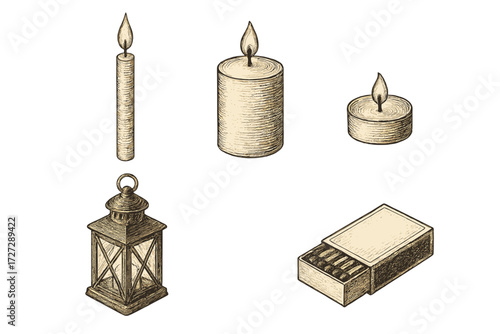 Collection of various candle designs and a vintage lantern with a matchbox on a white background