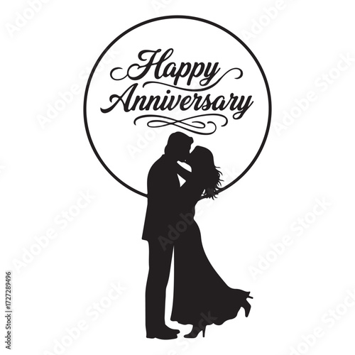 Fototapeta Couple kissing silhouette under “Happy Anniversary” moon
