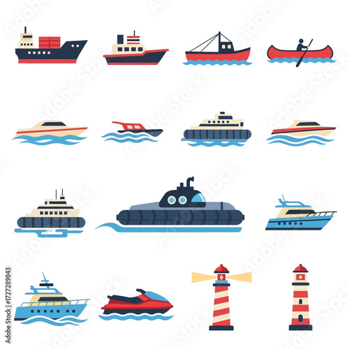 A collection of various watercraft illustrations, including cargo ships, speedboats, a canoe, a hovercraft, a jet ski, and lighthouses, all depicted in a flat, vector style.