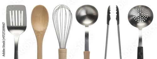 Essential kitchen tools gleaming in a modern culinary setup, featuring a spatula, wooden spoon, whisk, ladle, tongs, and skimmer, perfect for cooking blogs and lifestyle designs