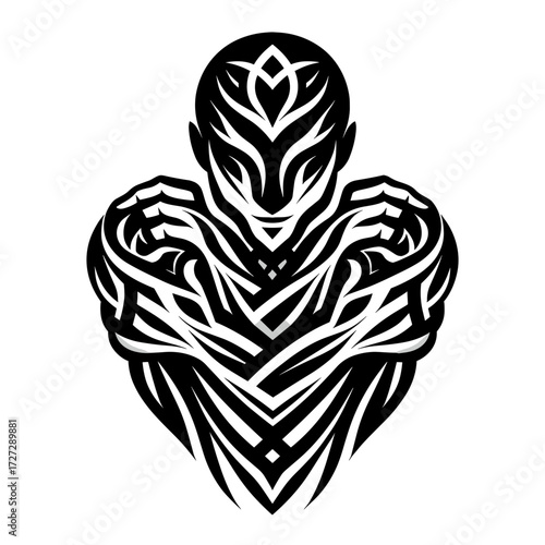 Abstract tribal person hugging self design with ornate patterns  