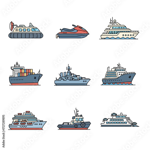 A collection of nine different types of watercraft, including a hovercraft, jet ski, yacht, container ship, warship, cruise ship, ferry, and tugboat.