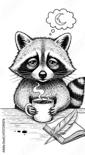 Tired raccoon holding a cup of coffee with a thoughtful expression  