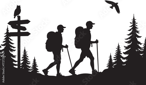 Two hikers with backpacks and poles walking through a forest