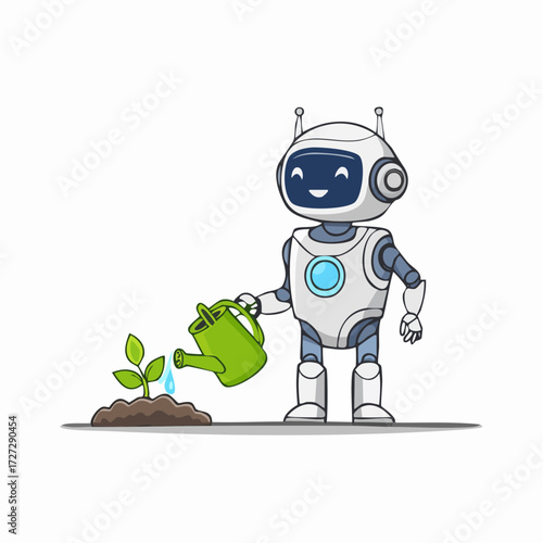 A friendly cartoon robot with a happy face diligently waters a small green seedling with a green watering can, symbolizing growth and technological assistance.