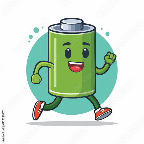 A cheerful green cartoon battery mascot, with a wide smile and red sneakers, is actively running forward.