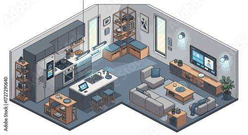 Experience the future of living with a beautifully illustrated smart home showcasing seamless integration of technology and modern design in a cozy living space.