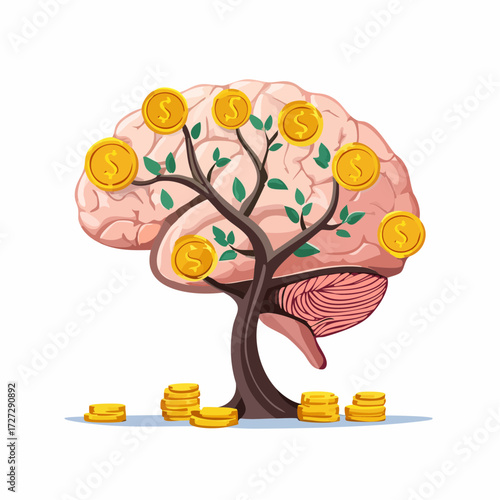 A stylized illustration showing a human brain as the base for a tree with golden dollar coins as leaves, representing intellectual wealth and financial growth.